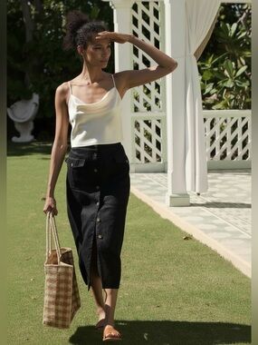 NWT DÔEN Lourdes Button Front Linen Midi Skirt in Black Size 6